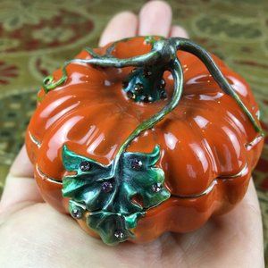 Vintage RUCINNI Pumpkin Vine Svarovski Crystal Enamel Jeweled Trinket Box